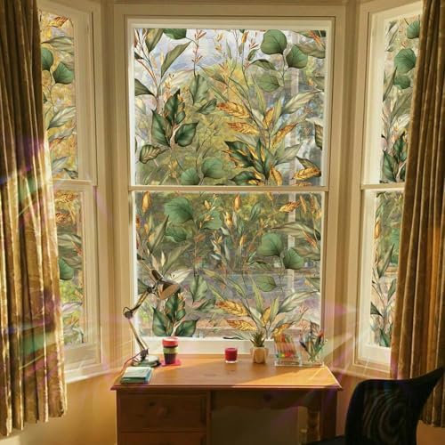 funlife Rainbow Stained Glass Privacy Decorative Window Film, Suncatcher Green and Golden Leaves 53X300CM