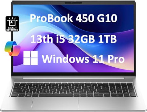 HP ProBook 450 G10 15.6 FHD Anti-Glare Business Laptop, Intel 10-Core i5-1334U, 32GB RAM, 1TB SSD, (Beats i7-1255U)) Backlit, Webcam, Ethernet, Wi-Fi 6E, Win 11 Pro with AI
