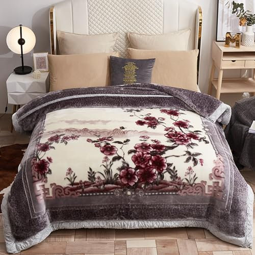 MODUSKYE Schwere koreanische Nerzdecke, 3,5 kg, Bergblumen-Dicke, Winterdecke, 198,1 x 228,6 cm, Plüsch, doppellagig, ultraweich, warm, Decken für Bett (verkohltes Holz + cremefarben)