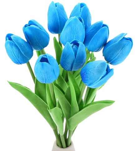 QUARKZMAN 10pz Tulipani Artificiali, Fiori Artificiali Steli Tulipani Finti al Tocco Reale per Bouquet Sposa Centrotavola Decorazione Tavolo Festa (Azzurro)