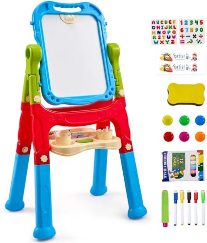 VEVOR Chevalet d'Art Enfants 2-en-1 Tableau Magnétique Blanc Noir Double Face, Planche à Dessin Amovible Rotative Réglable avec Accessoires, pour Créativité, Gribouillage, Écriture, Garçons, Filles