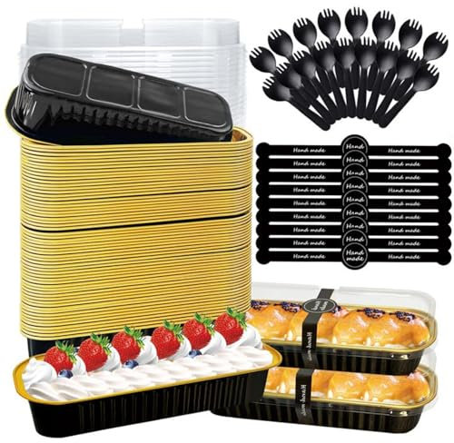 30 Set Mini Loaf Pans with Lids, Spoons and Stickers, 200ml Foil Baking Pans, Reusable Aluminum Baking Cups, Mini Foil Pans for Bread, Cakes and Durian, for Weddings, Birthdays, Picnics (Black Gold)