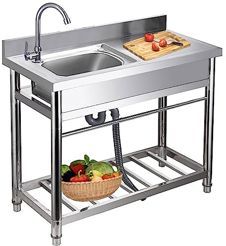 Fregadero utilitario de acero inoxidable, fregadero de cocina independiente con estación de trabajo grande, tubo de agua fría y caliente, desagüe