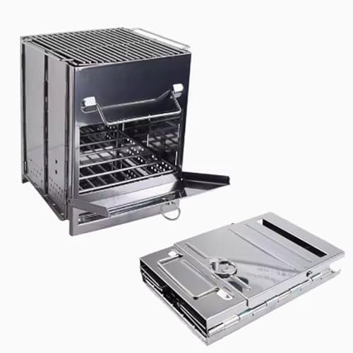 CEHJZQRPL Camping-Zelt-Ofen, Holzofen, Kleiner Holzofen, tragbarer Mini-Holzofen mit Grill, Zeltofen aus Edelstahl, Aufbewahrungstasche, Tragegriff, Campingkocher(20 * 20.5 * 35CM)