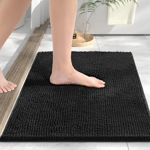 HITSLAM Tapis de Bain en Chenille, 40x60cm Tapis de Douche Super Absorbant, Tapis Salle de Bain Antidérapant, Tapis Décoratif Lavable en Machine, pour Douche et Baignoire, Noir