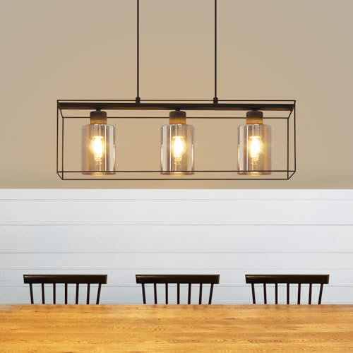 CBJKTX Pendelleuchte 3 Flammig Hängelampe Vintage - Glas Hängeleuchte Schwarz Retro E27 Metall Pendellampe Hängend Esszimmerlampe für Wohnzimmer Esstisch Küche (ohne Leuchtmittel)