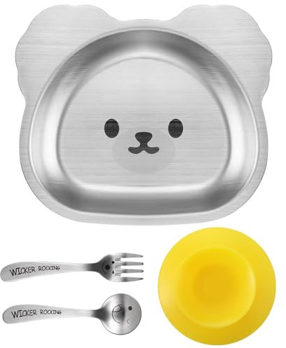 Huiguli Assiettes pour Enfants en Acier Inoxydable 304 Avec Ventouse en Silicone, Ensemble de Vaisselle en Forme D'ours Avec Cuillère et Fourchette