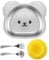 Huiguli Assiettes pour Enfants en Acier Inoxydable 304 Avec Ventouse en Silicone, Ensemble de Vaisselle en Forme D'ours Avec Cuillère et Fourchette