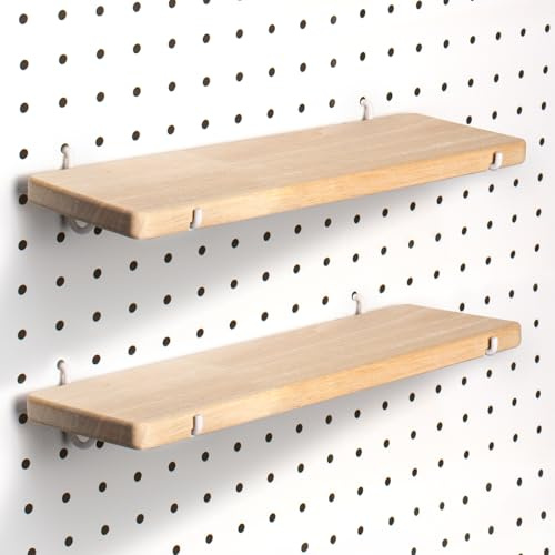 SEMPOMA 2 x Solid Wood Pegboard Shelf with Pegboard Hooks, Anti-Tilt Design, Pegboard Accessory Shelf for Craft Room, Garage, Gaming Room