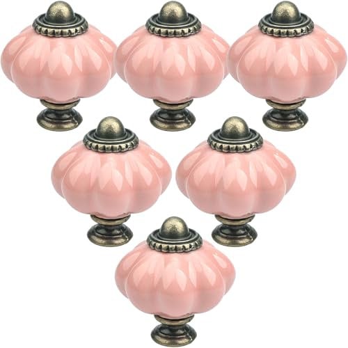 Roellgs 12 Pack Ceramic Door Knobs, Pumpkin Ceramic Knobs Vintage Cupboard Knobs with Mounting Screws, Antique Wardrobe Pull Handles Kitchen Cabinet Knobs for Dresser (Pink)