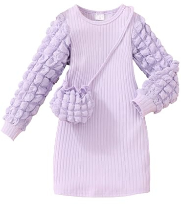 Alunsito Toddler Baby Girls Autunno Inverno Vestito a sbuffo Manica lunga Maglia A-line Vestito con tasca 2 pezzi Outfits