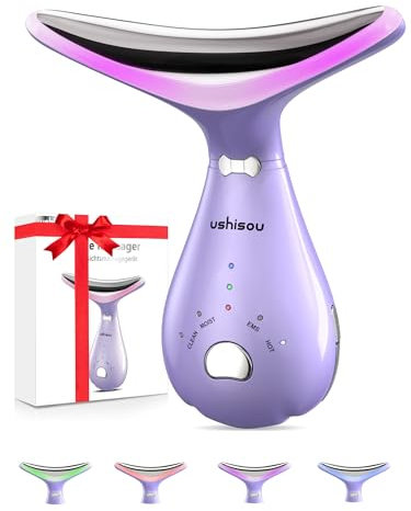 Massaggiatore Viso Elettrico Antirughe Lifting: Face Massager con 4 LED - 45°C Massaggio Viso EMS - Dispositivo di Bellezza con 3 Intensità di Vibrazione Gua Sha per Massaggio Rassodante Viso e Collo