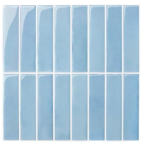 Commomy Blue Peel and Stick on Wall Tiles - 10 Pcs of 12'' x 12'' Vertical 3D Stick on Tiles for Kitchen and Bathroom Interior Self Adhesive Tile Stickers (Glossy Surface, Covers 10 sq.ft)