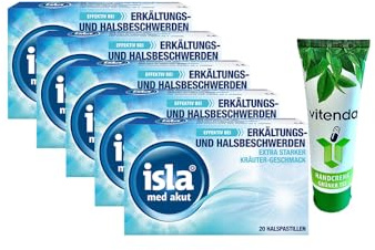 isla® med akut Halspastillen – 5x20 Stück inclusive einer Handcreme von vitenda, bei intensiven Hals- und Stimmbeschwerden, mit Hydrogel-Komplex und Isländisch Moos, extra starker Kräuter-Geschmack