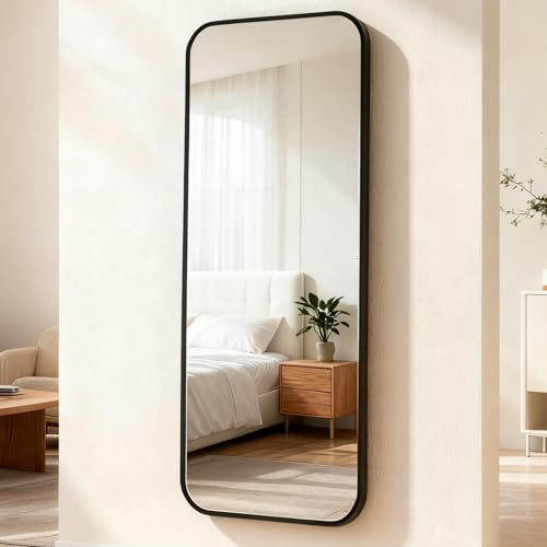 ECHOLYMTT Grand Miroir sur Pied 155x55 cm Noir en Verre Trempé, Format Rectangulaire pour Corps Entier, Mural ou sur Support