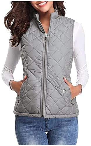 AnnSemo Women's Zippered Gilets with Pockets Ladies Sleeveless Padded Winter Jacket Puffer Vest Cosy Body Warmer Diamond Quilted Gilet for Women UK Casual Stand Collar Waistcoat