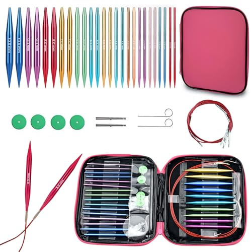 Hsyan Set di Ferri da Maglia Circolari, 13 Paia di Ferri Circolari Intercambiabili in Alluminio con Custodia e Accessori 3 – 10 mm per Appassionati Principianti o Professionisti, Colorful