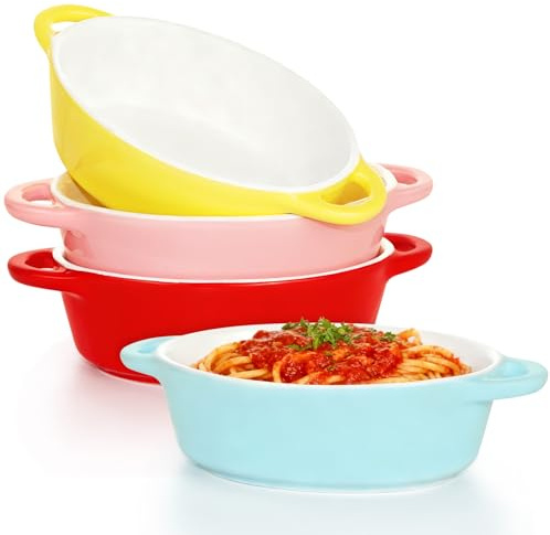 Ceramic Baking Dishes, 4PCS 300ml Small Pie Dish, Oval Bowls Set, Oven Safe | Gratin Dishes Set, Ideal for Individual Serving, Lasagna, Quiche, Casserole, Camembert, Garlic Prawns, Dessert(Color)