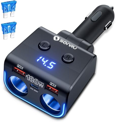 SONRU 180W Cigarette Lighter Splitter, 30W PD & Dual QC3.0 Car Charger Adapter,24V/12V Car USB Adapter 2-Socket with Voltmeter Fast Charging for iPhone 17/16/15 Car Devices