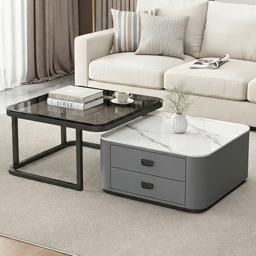 Generisch Couchtisch Quadratisch, Moderne Satztische Kaffeetische 2er Set, Wohnzimmertisch mit Stauraum, Tischplatte aus Glas und Sinterkeramik, für Wohnzimmer, Schlafzimmer, Balkon und Büro