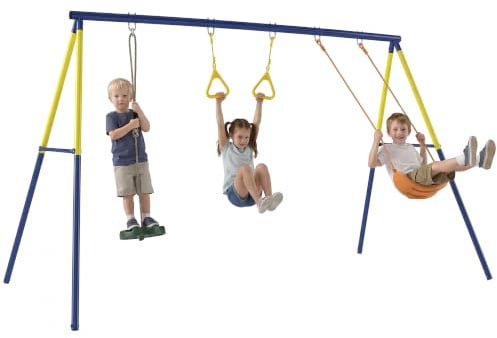 AIYAPLAY Columpio Infantil 3 en 1 de Pie para Niños 3-8 Años Multicolor | Columpio para Niños Clásico, Aros de Gimnasia, Carga 150 kg, Interior, Exterior, Jardín