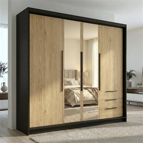 A&J MöbelLand VIVO Kleiderschrank 4-türig mit Spiegel und Schubladen – 200 x 215 cm – Drehtürenschrank mit Kleiderstange und Einlegeböden