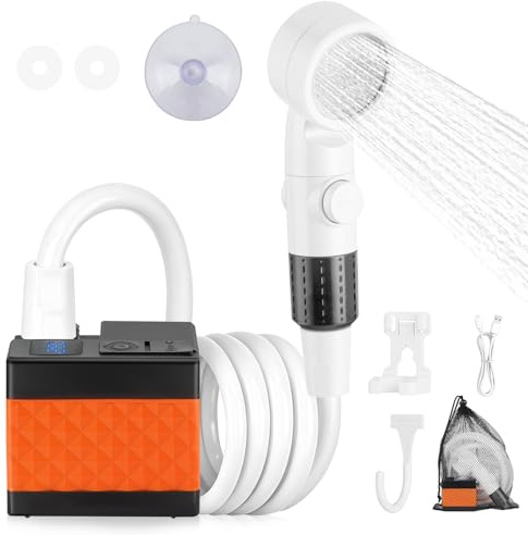 Adiwo Douche Portable de Camping,Pompe de Douche Kit 4 Modes | Douche Électrique Rechargeable,extérieure avec Écran LED,USB Pomme de Douche Imperméable,pour Extérieure,Randonnée,Camping