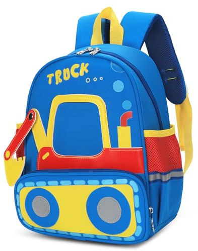 PROTAURI Kindergartenrucksack Jungen 2-6 Jahre 10.4L 3D Bagger, Himmelblau | mit Brustgurt reflektierend wasserabweisend leicht atmungsaktiv ergonomisch 3D Bagger DIN A4