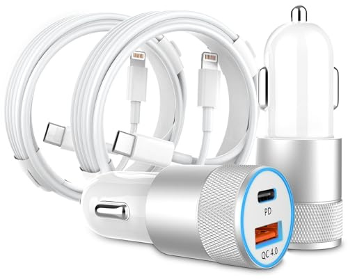 Car Charger Fast Charge, 2Pack 48W Cigarette Lighter USB Charger with 3FT Lightning Cable, (USB C 30W + USB A 18W) PD 3.0 & QC 4.0 Fast Charging 12V USB Socket for iPhone 17 16 15 14 13, iPad, Samsung