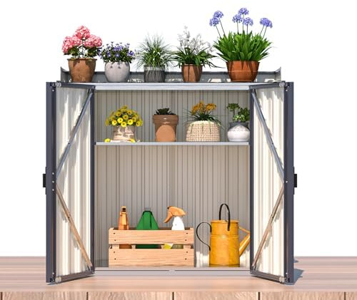 YODOLLA Metal Garden Storage Cabinet, Waterproof Small Shed Cupboard | Double Doors & Shelves, For Outdoor/Indoor Backyard Porch