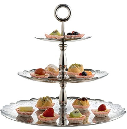 Alessi MW52/3 Dressed for X-Mas Etagere mit DREI Ebenen aus Edelstahl 18/10,glänzend poliert mit mit Reliefdekor, Stahl, Silver, 34 x 34 x 31 cm