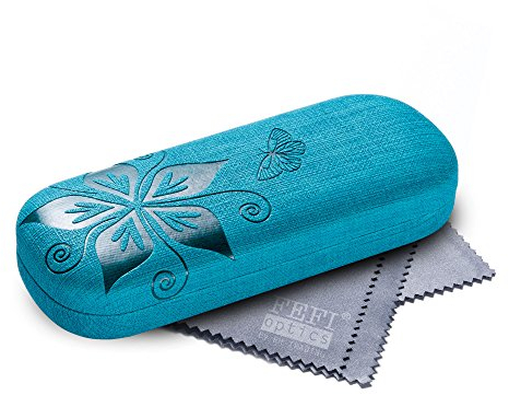 FEFI Hardcase Brillenetui Nature in geprägtem Blumen-Design - Inklusive hochwertigem Brillenputztuch/Mikrofasertuch (Blau)