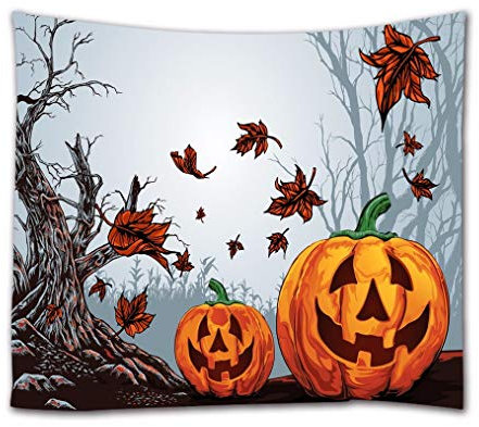 A.Monamour Tapisseries Halloween Gothique Forêt Arbre Feuilles Mortes Citrouille Fond Vacances Décors Imprimer Tissu Polyester Tenture Murale Tapisserie Décors Rideaux 102X153Cm / 40 X60