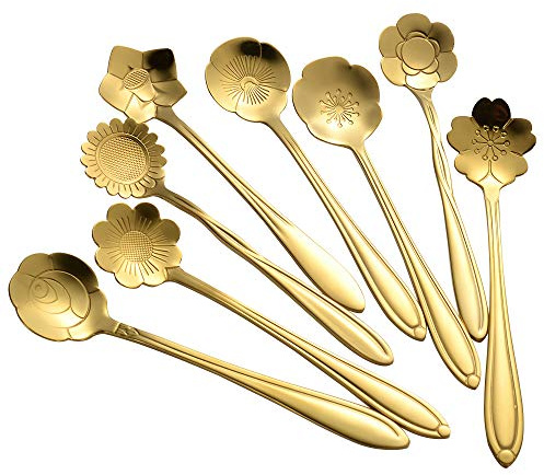AnSaw Juego de 8 cucharas de flores, de acero inoxidable, reutilizables, para agitar, para café, mezclar, azúcar, postre, pasteles, helado, vajilla para fiestas de té (longitud: 4.9 pulgadas, dorado)