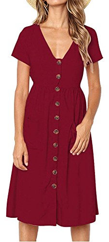 Summer Dresses for Women Casual Midi Dress Short Sleeve V Neck Button Decoration Swing A Line Tunic Dress with Pockets Size XL = UK 14-16 Red
