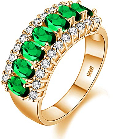 Uloveido Ehering vergoldet oval grün Cubioc Zirkon 7 Steine Geburtsstein Ring Mutter Geschenke J501 (Gold, Grün, Größe 9)