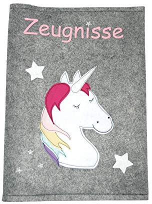 Handgefertigte Zeugnismappe mit Namen - Glitzer Einhorn - personalisiert, aus Filz gefertigt für Mädchen ab Klasse 1