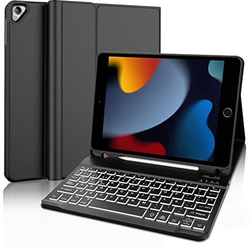 IVEOPPE Funda Teclado iPad 9, Teclado iPad 10.2, Teclado Español Ñ Retroiluminados Inalámbrico Desmontable para iPad 9 2021/iPad 8 2020/ iPad7 2019 10.2, iPad Air 3, iPad Pro 10.5, Negro