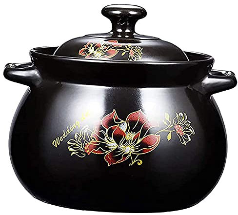 Ollas de Barro Con Tapa, Pote De Cazuela De Cerámica, Pote De Stock, Cazuela, Olla De Barro Para Cocinar, Caja Fuerte, Olla De Piedra Hecha De Arcilla Natural, Artesanías Tradicionales,Negro,2.8L