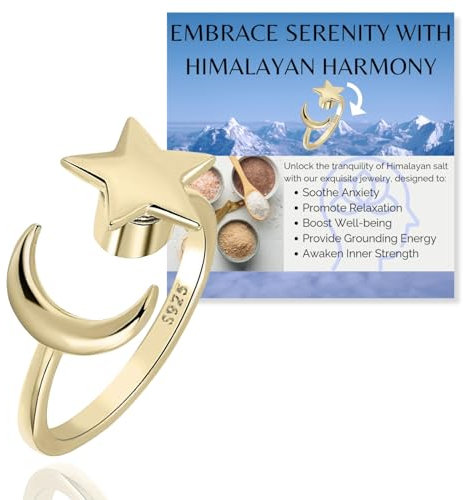 Halukakah Anillo Giratorio Contra Ansiedad Chapado en Oro de 18K:Joyería Elegante para Aliviar Estrés con Luna y Estrella y Spinner de Cuentas,Ajustable en Tamaño,Regalo para Mujeres,Niñas,Hija y Mamá
