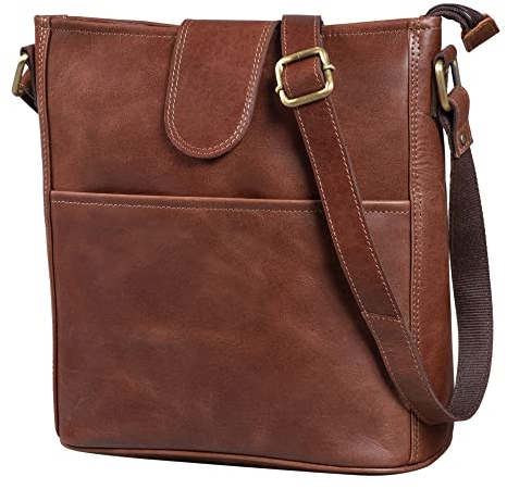 LEABAGS Leder Handtasche Damen I Premium Echtleder Umhängetasche I Damen Schultertasche I Damentasche I Tragetasche für Arbeit Uni Schule Freizeit I Größe L (31 x 29 x 13 cm) I Vintage Cognac