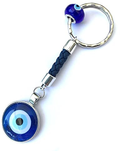 ASTER ALHELÍ - Schlüsselanhänger Leder Türkisches auge Schutzanhänger - Blauer Geflochtener Lederschlüsselanhänger mit Silberperlen - Lederschlüsselanhänger für Männer oder Frauen - Glücksbringer