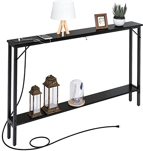 SAUCE ZHAN Sofatisch mit Steckdose und USB-Anschluss, 119,4 cm Konsole hinter Couchtisch mit Stahlrahmen, schmaler Eingangstisch für Wohnzimmer, Foyer, Flur, Eingang, Schwarz
