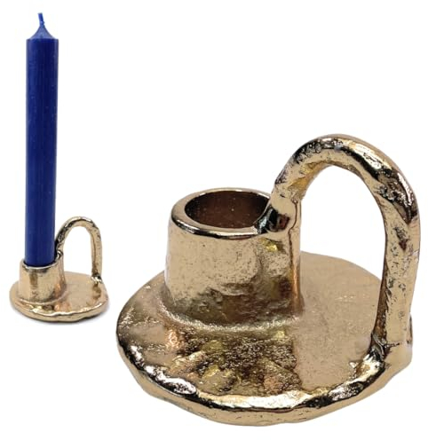 2er Set Metall Kerzenhalter mit Tellerfuß Ø 7,5cm und Griff, Kammerleuchter, Kerzenständer für Stabkerzen (Antik Gold)
