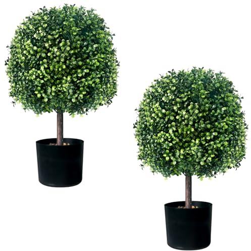 UNADRA Künstliche Buchsbaum-Formschnitt-Kugelbaum, UV-beständig, künstliche Topfsträucher für drinnen und draußen, 55,9 cm, T 33 cm, 2 Stück