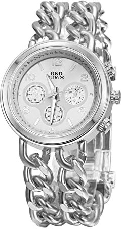 JewelryWe Uhren Damen Analog Quarz 30m wasserdichte Armbanduhr Elegant Beiläufige Uhr Damenuhr mit Edelstahl Doppelt Panzerkette Armband Silber