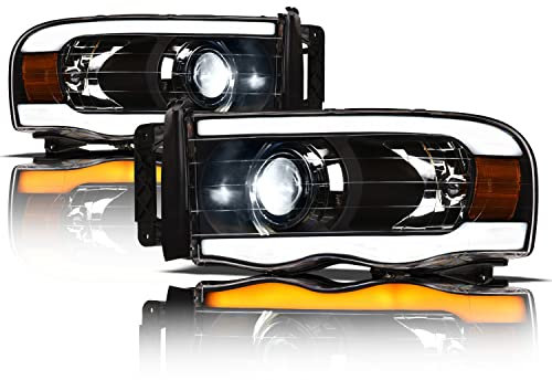Alpha Owls 8711170 Full LED Projector Headlights With Switchback Sequential LED Light Bar & Startup Light - Black Amber Fits 2002-2005 Dodge Ram 1500/2003-2005 2500 3500