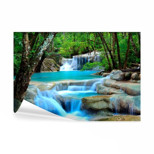 decomonkey Fototapete Wasserfall, 350x256 cm, Moderne Wald Fluss Wasser | Bach, Natur, Steine, Blau, Grün, Grau, Vlies, Schlafzimmer, Wohnzimmer, Tapete, Fototapeten, Tapeten, Vliestapete, Wandtapete
