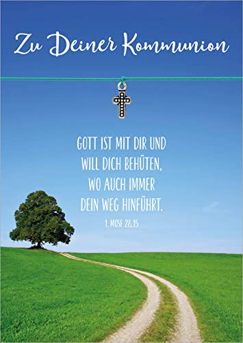 Glücksschmiedin - Erst-Kommunion Geschenk christliche Grußkarte mit handgemachtem Armband in TÜRKIS mit silberfarbenem KREUZ-Anhänger