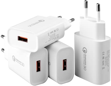 4 Piezas Cargador USB, 18W Quick Charge 3.0 Enchufe de Carga Rápida Compatible con Samsung Galaxy S23 S22 S21 S20 FE S10 S9 S8 S7 S6 A03 A13 A71 A54 A53 Z Flip3 Z Fold2, Huawei, Xiaomi, Teléfono Móvil